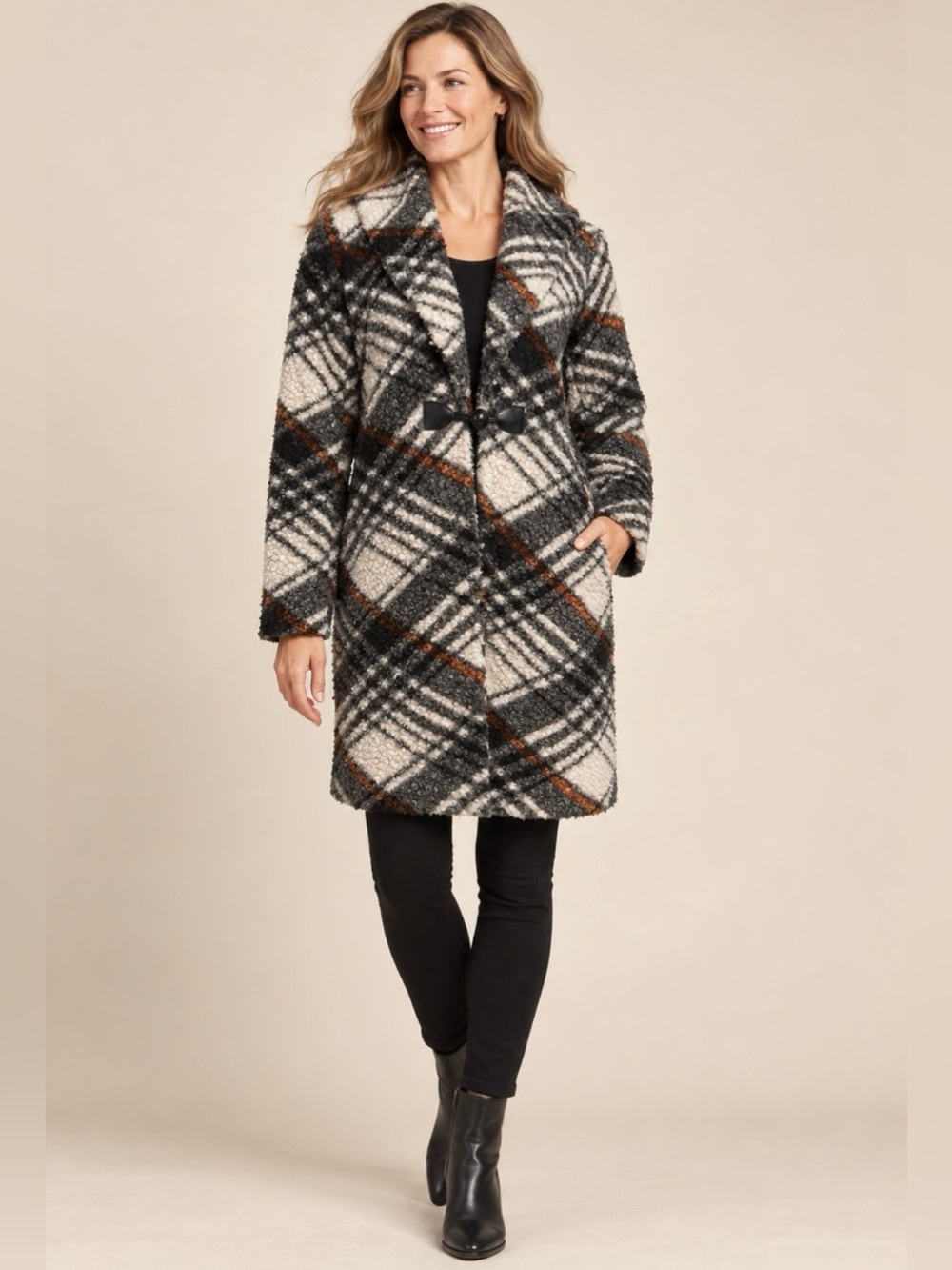 Soft Surroundings Rita Plaid Bouclé Long Cardigan Coat Toggle Closure Women’s S
